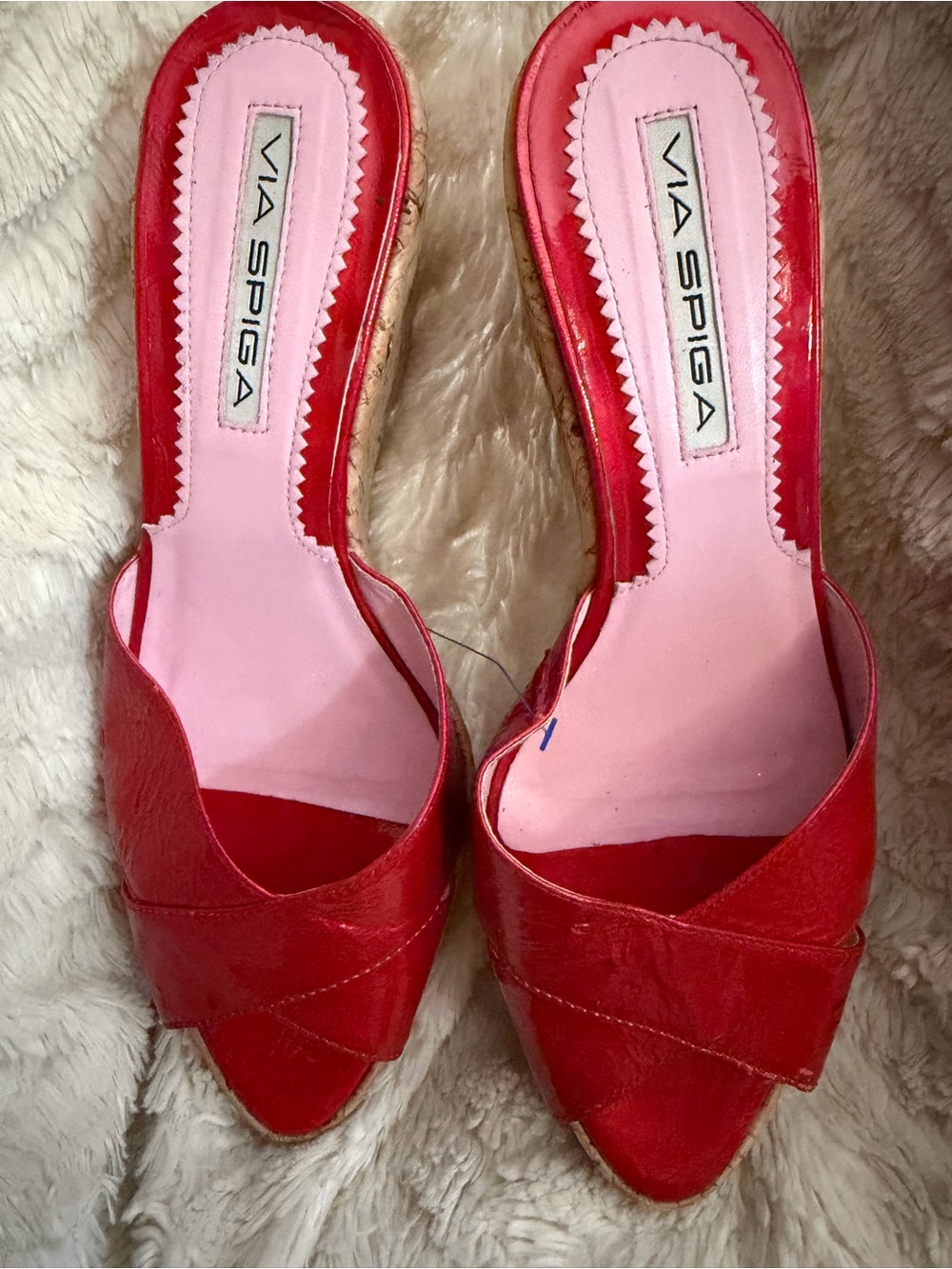 Via Spiga Red Leather Open-Toe Slide Mules with Pink Insole